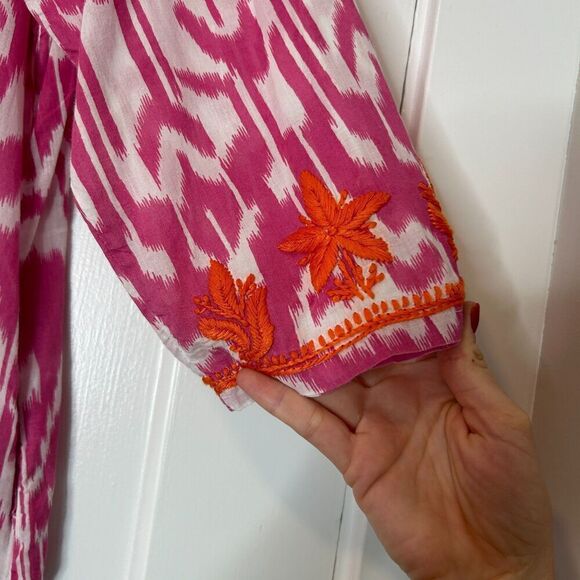 Gretchen Scott Batik Print Tunic Top Dress Pink Orange Embroidered Size Large - Picture 5 of 8